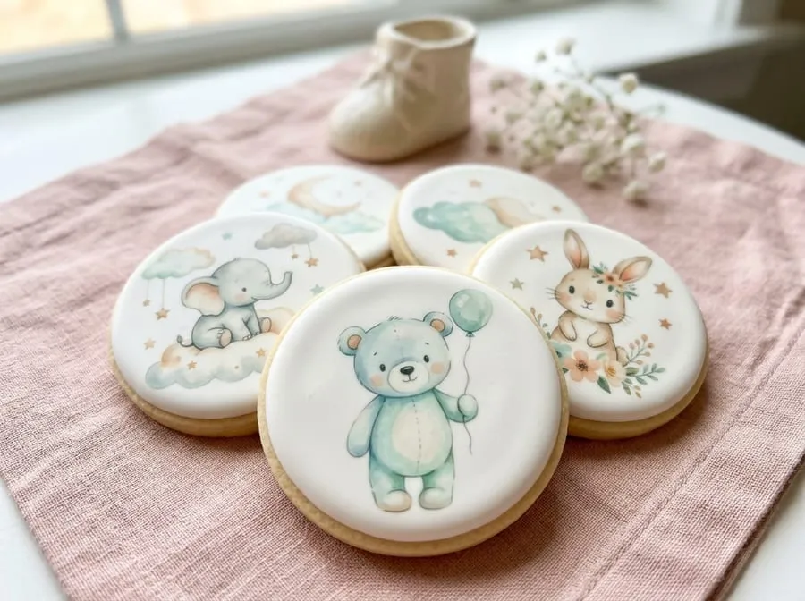 Baby shower cookies topped with printed pastel teddy bear, bunny, and elephant designs