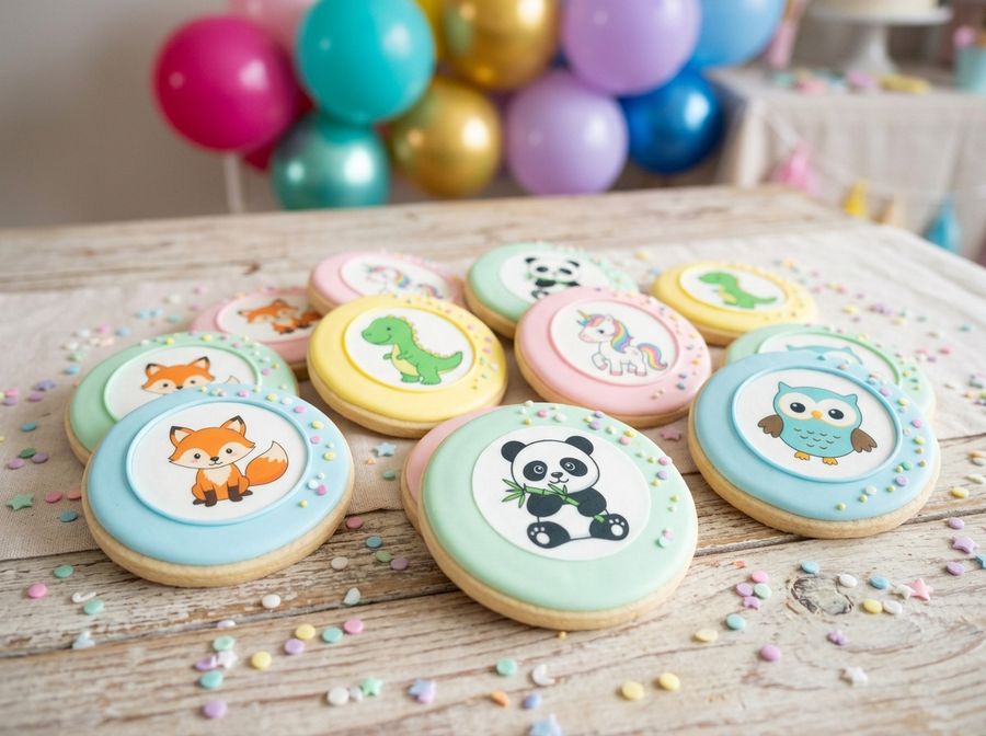 Birthday party cookies topped with printed cartoon animal designs