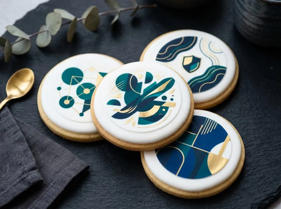 Corporate cookies topped with printed abstract logo designs in teal, navy, and gold