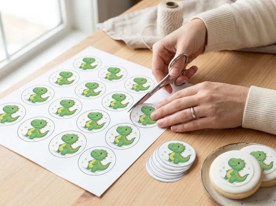 Hands cutting printed circular cookie designs from a sheet, with finished cookies beside it
