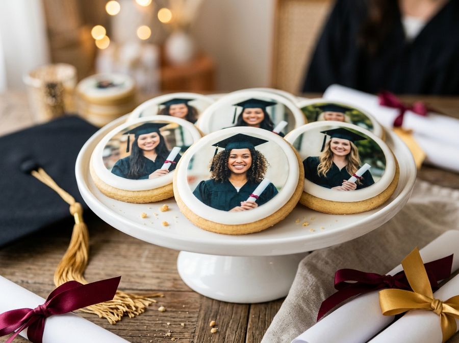 Graduation cookies each topped with a printed photo of a graduate