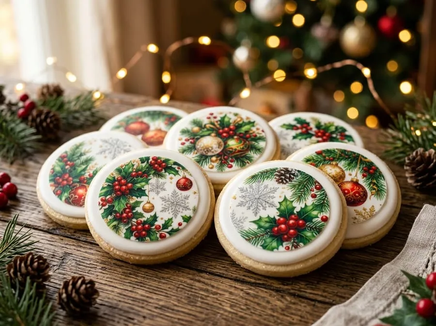 Holiday cookies topped with printed snowflake, holly, and ornament designs