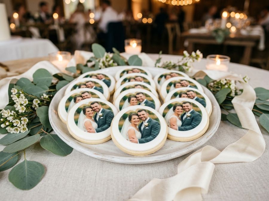 Wedding favor cookies topped with a printed photo of the couple