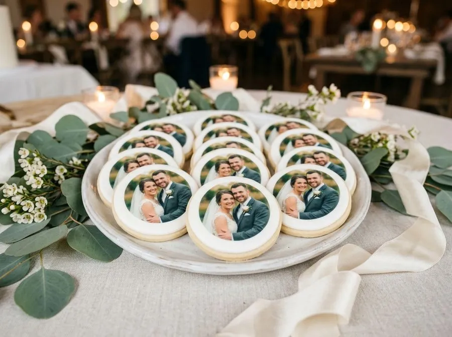 Wedding favor cookies topped with a printed photo of the couple